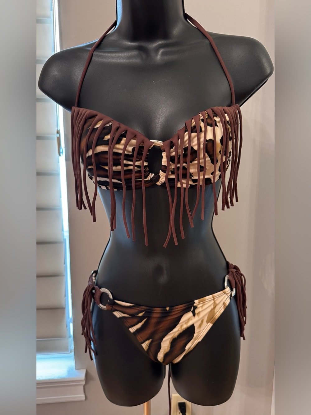 Carla’s Closet C-Girl Brown Fringe Leopard -Print Bikini
